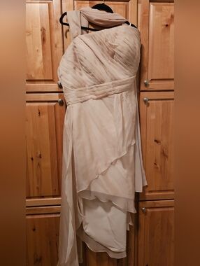 JJs House One-Shoulder Layered Chiffon Dress in Light Blush